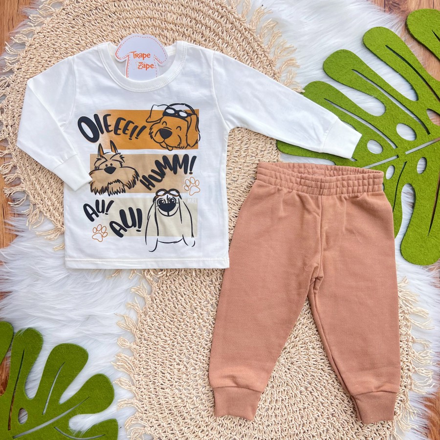 Conj. Blusa Manga Longa Oieee Au Au! e Calça de Moletom - Off White e Ferrugem